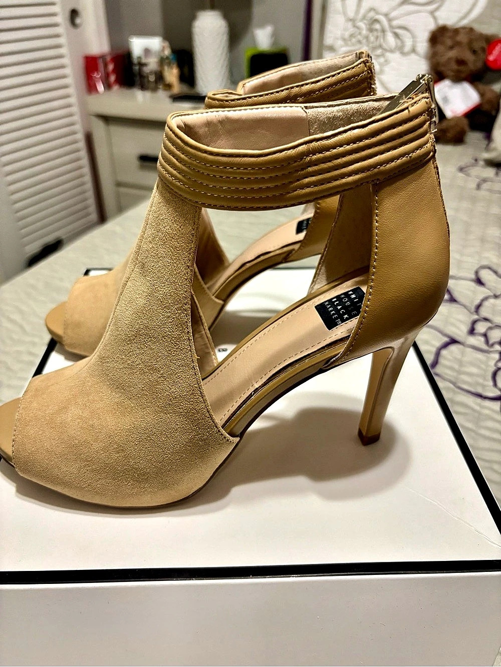 White House Black Market Adley Tan Suede Peep Toe Shootie Booties
